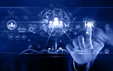 A hand clicking "HR" on the screen