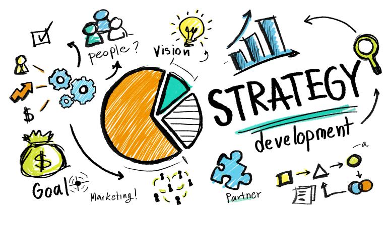 The drawing showing some charts and the term "Strategy development""