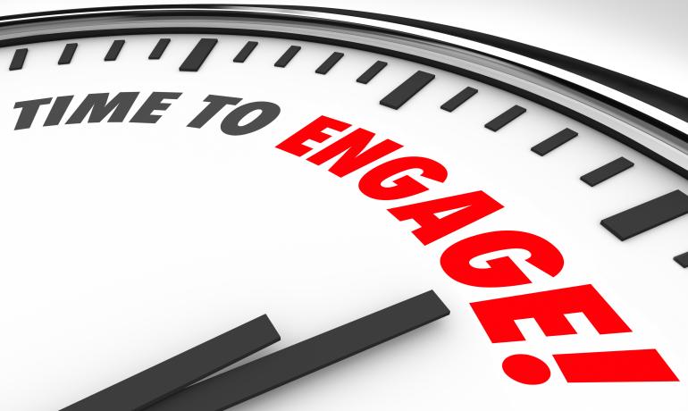 A clock showing 'time to engage'