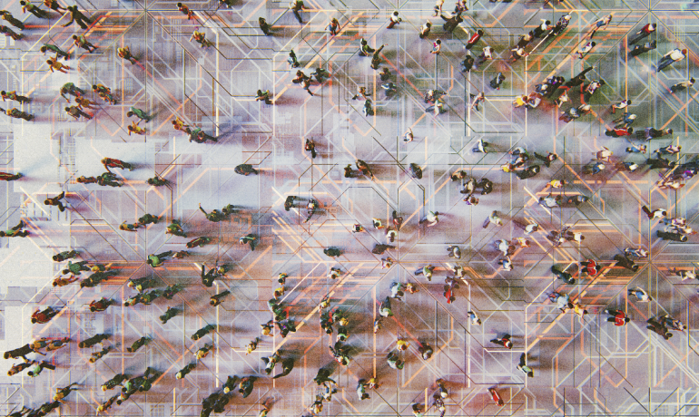 People walking in different directions from a bird's perspective