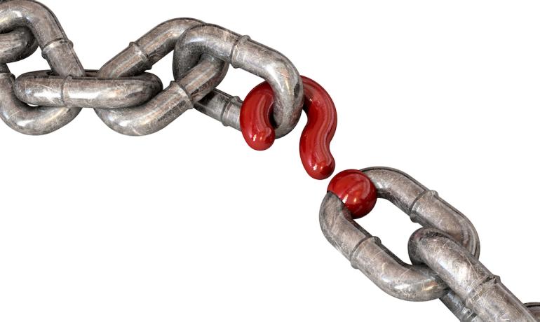 A broken chain with the question mark holding both parts together